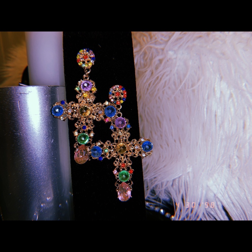 Crystal dangle cross earrings